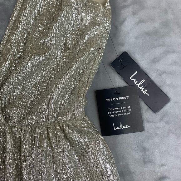 Lulus Gold Shimmering Maxi Dress Womens Small Deep V Neck Formal Gown (0405)NWT - Picture 5 of 12